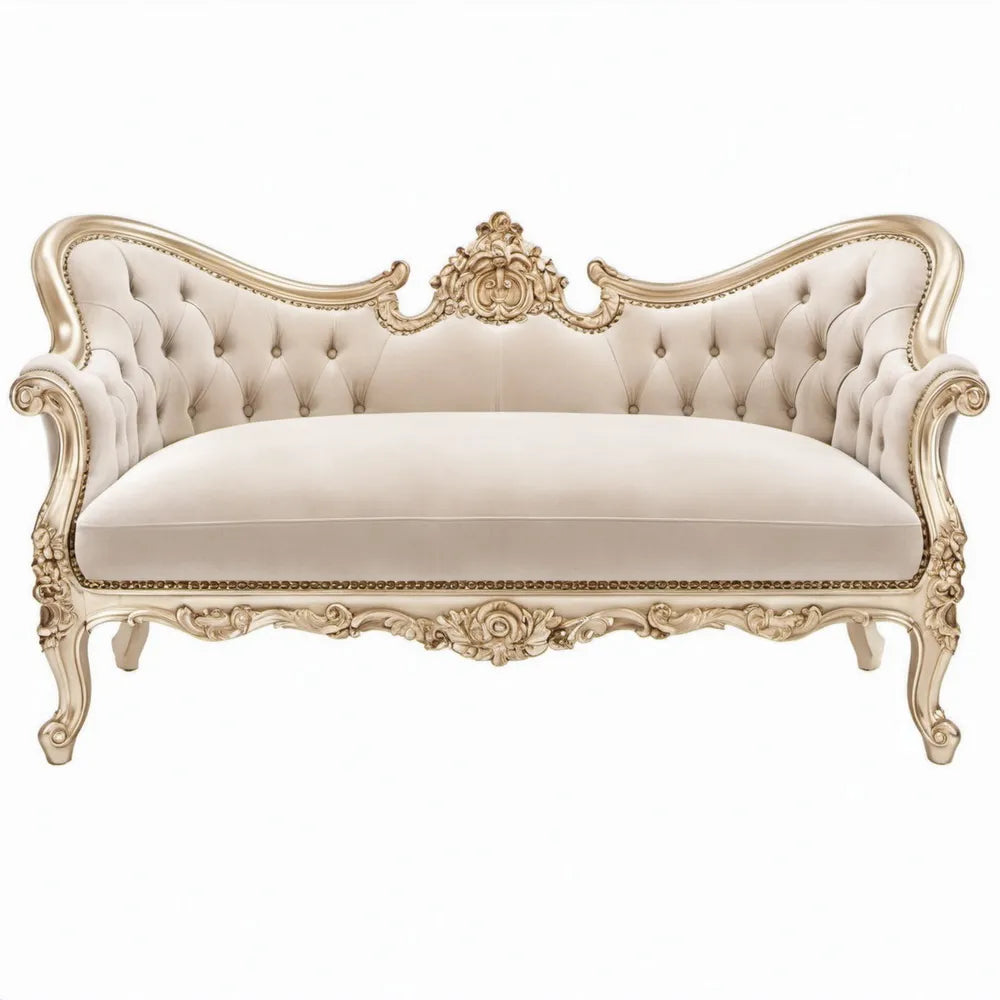 Barokke 2-zitsbank 170 x 80 x 120 cm Ivoor/Goud met fluwelen bekleding en massief beukenhout