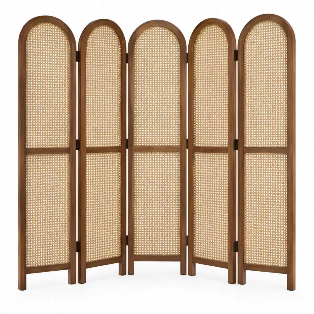 Vouwbaar kamerscherm met 5 panelen, 250 x 180 cm, bruin massief hout en rotan