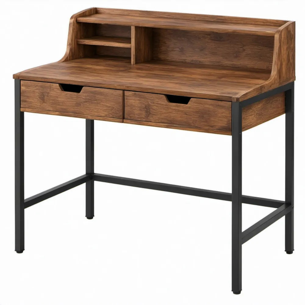 Bureau met 2 lades en opbergvakken, 100 x 50 x 100 cm, walnootbruin en zwart