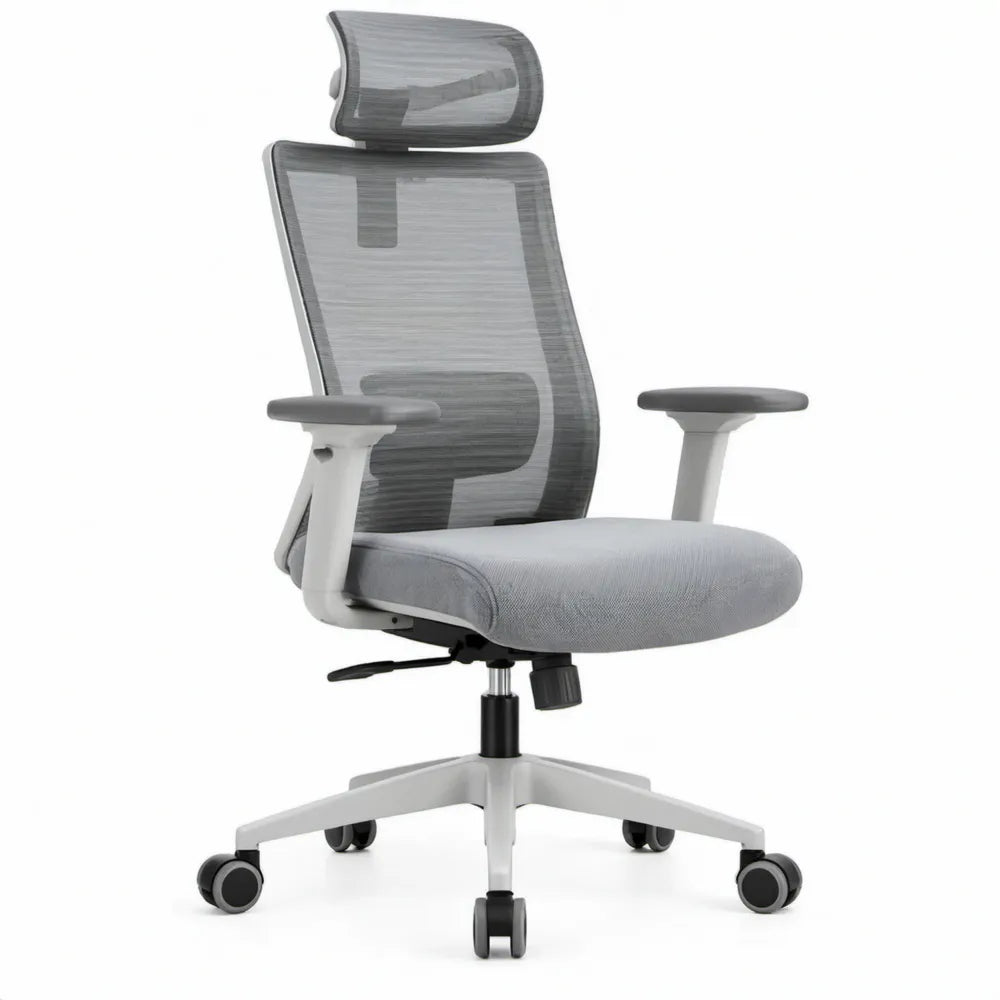 Ergonomische bureaustoel met verstelbare hoofdsteun en lendensteun, grijs/lichtgrijs/zwart, 64 x 64 x 120-130 cm