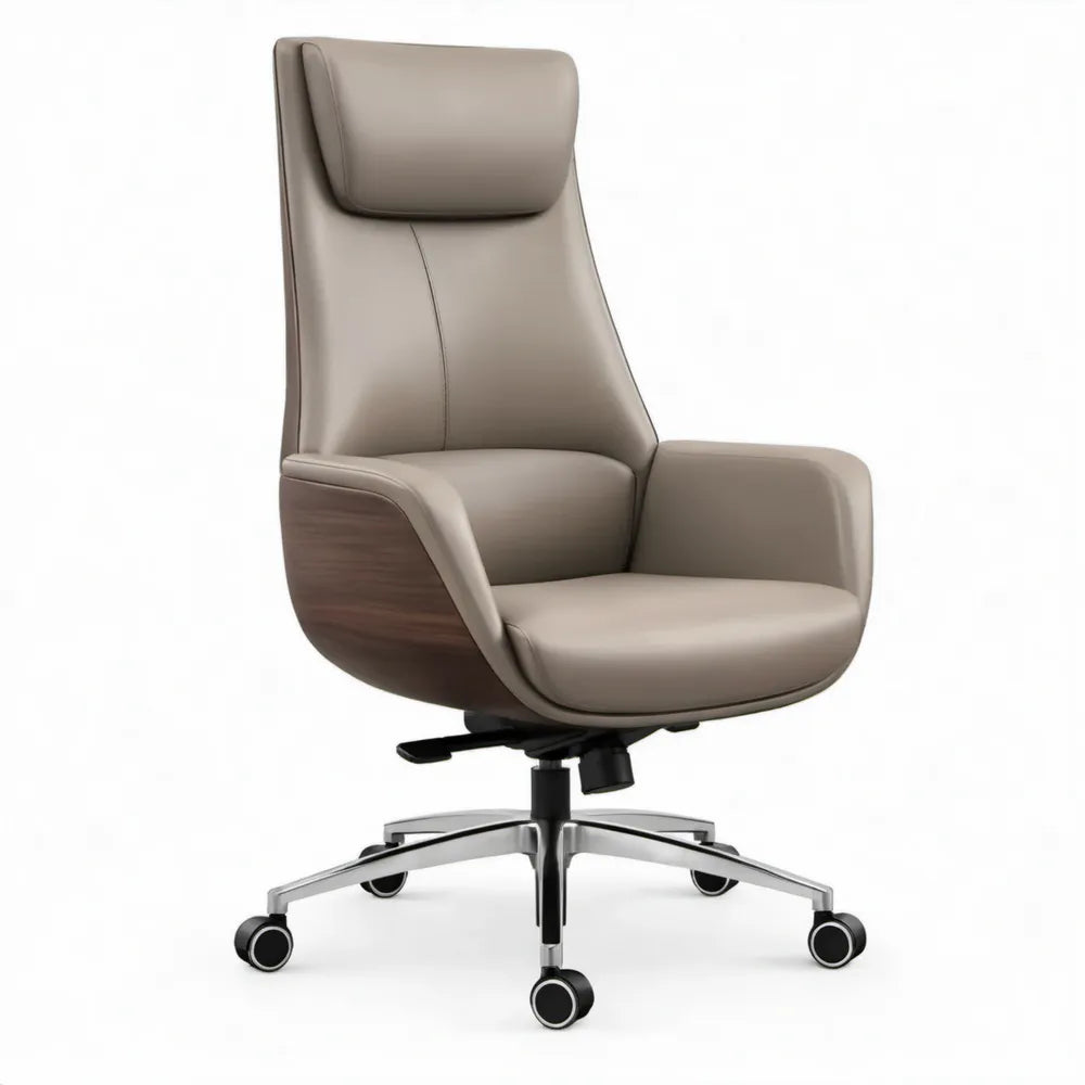 Ergonomische bureaustoel met hoge rugleuning en hoofdsteun, taupe PU-kunstleer en walnootbruin fineer, 68 x 68 x 118-126 cm