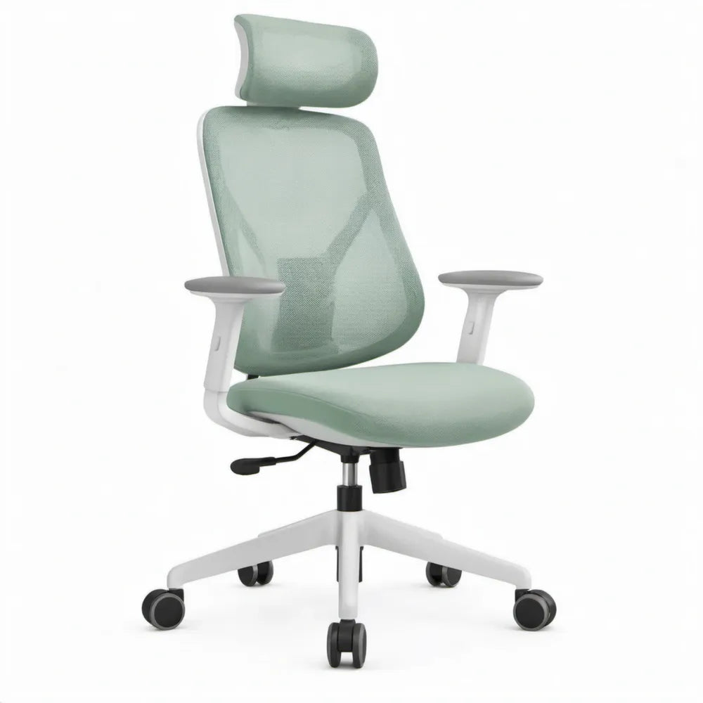 Ergonomische bureaustoel met hoofdsteun en armleuningen, mintgroen/wit, 64 x 64 x 118-128 cm