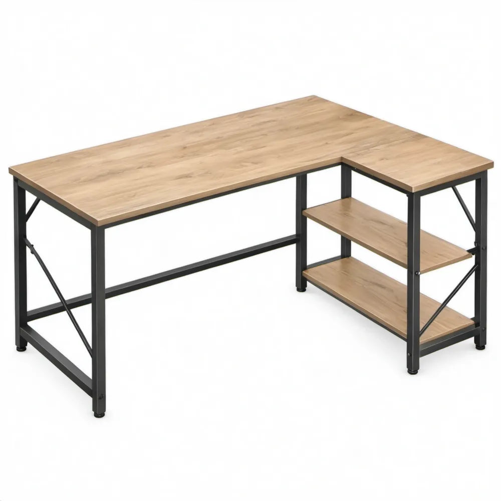 L-vormig hoekbureau 120 x 100 x 75 cm eikenkleurig en zwart met 2 opbergplanken