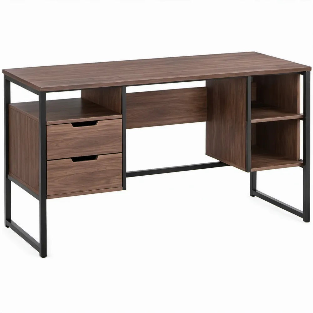 Industrieel bureau 140 x 60 x 75 cm met 2 laden en 3 open vakken - Walnootbruin/Zwart