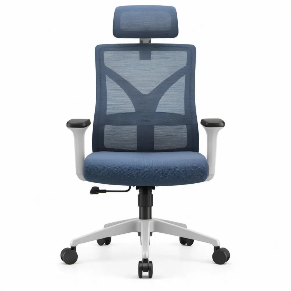 Ergonomische bureaustoel blauw en grijs met hoofdsteun, armleuningen en wielen, 66 x 66 x 118-128 cm