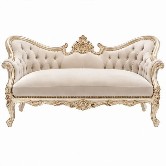 Barokke 2-zitsbank 170 x 80 x 120 cm Ivoor/Goud met fluwelen bekleding en massief beukenhout