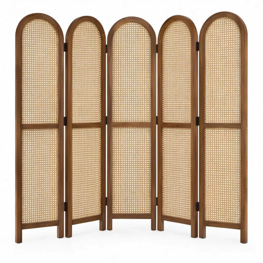 Vouwbaar kamerscherm met 5 panelen, 250 x 180 cm, bruin massief hout en rotan