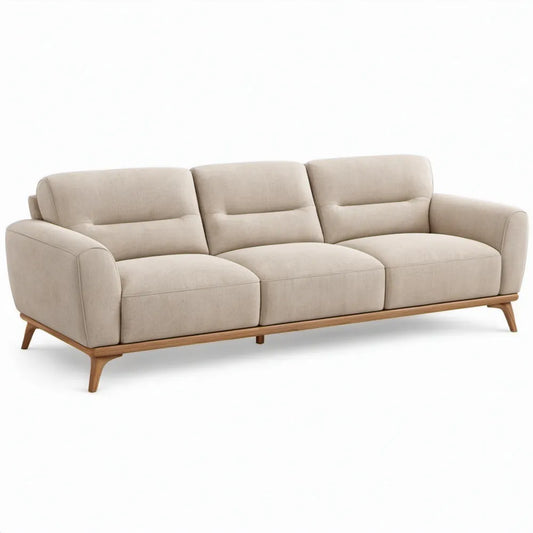 Beige 3-zitsbank van 220 x 90 x 85 cm met polyester bekleding en rubberhouten poten