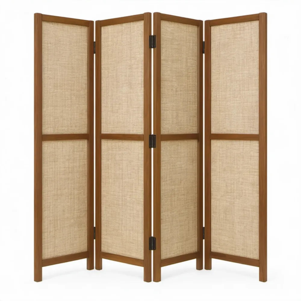 Opvouwbaar 4-delig kamerscherm 160 x 170 cm van paulowniahout en polyester - Bruin/Beige/Zwart