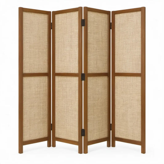 Opvouwbaar 4-delig kamerscherm 160 x 170 cm van paulowniahout en polyester - Bruin/Beige/Zwart