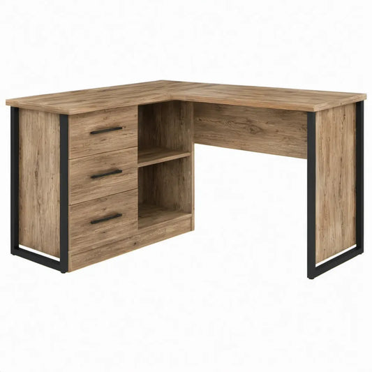 Hoekbureau in eikenlook met 3 laden en 2 open vakken, 120 x 60 x 75 cm, Bruin/Zwart