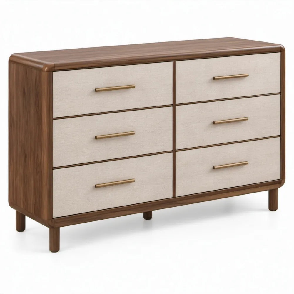 Ladekast met 6 lades 120 x 45 x 80 cm – Walnootbruin/Beige/Goudkleurig