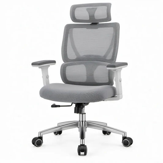 Ergonomische bureaustoel met verstelbare hoofdsteun en lendensteun, grijs/zilver/zwart, 66 x 66 x 118-128 cm