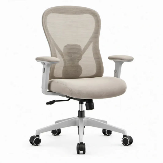 Ergonomische bureaustoel met verstelbare armleuningen en lendensteun, beige/grijs/wit/zwart, 64 x 64 x 113-123 cm