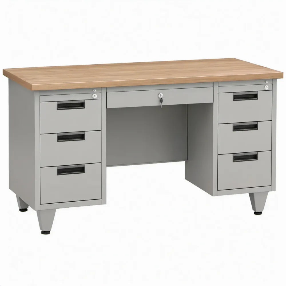 Stalen bureau met 7 laden, grijs en eikenkleurig, 120 x 60 x 75 cm