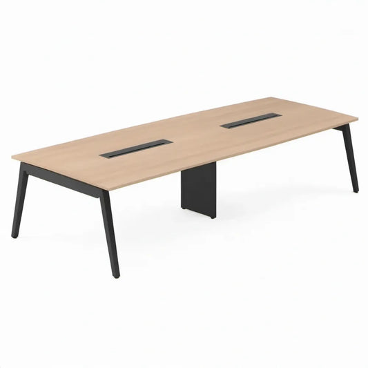 Vergadertafel 240 x 120 x 74 cm – Licht eiken blad met zwart stalen onderstel en 2 kabeldoorvoeren