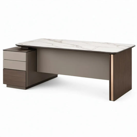 Bureau met 3 laden, 160 x 70 x 75 cm, wit/grijs/donkerbruin/taupe/koperkleurig, MDF en gesinterde steen