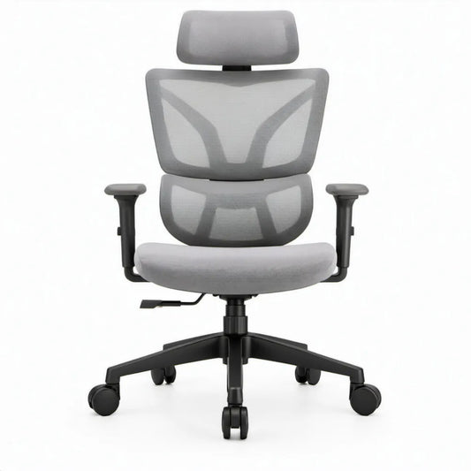 Ergonomische bureaustoel met verstelbare hoofdsteun, armleuningen en wieltjes, grijs/zwart, 66 x 66 x 116-126 cm