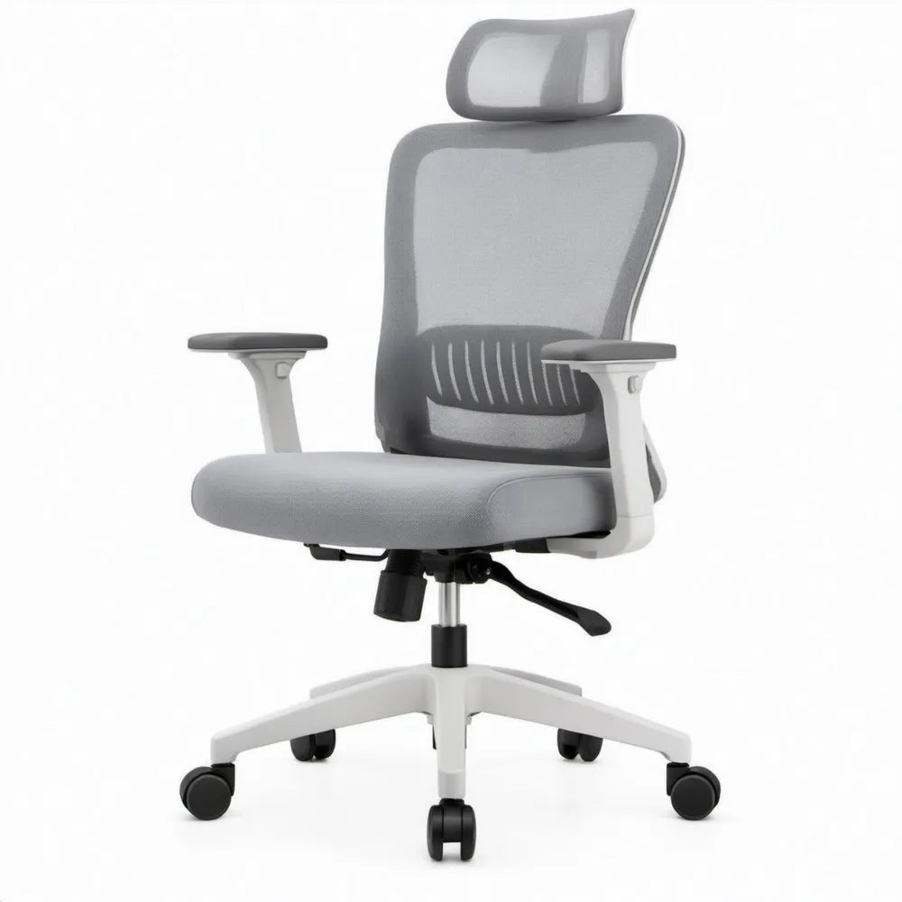 Ergonomische bureaustoel met hoofdsteun en lendensteun, grijs/wit/zwart, 64 x 64 x 116-126 cm