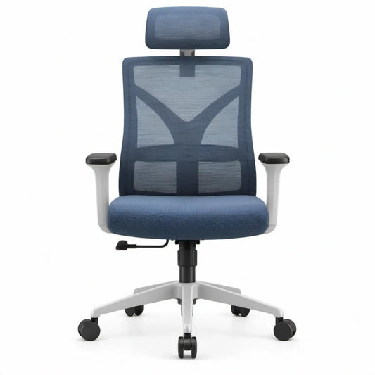 Ergonomische bureaustoel blauw en grijs met hoofdsteun, armleuningen en wielen, 66 x 66 x 118-128 cm