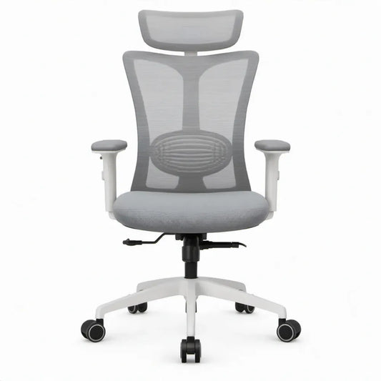 Ergonomische bureaustoel met hoofdsteun, grijs/wit/zwart, 64 x 64 x 116-126 cm